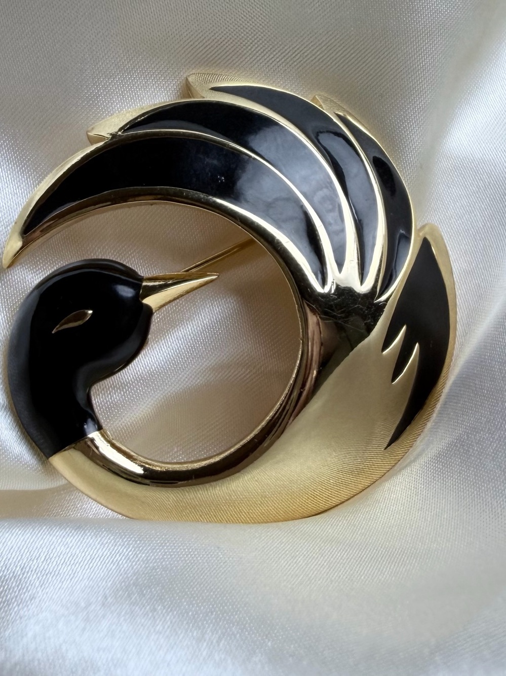 Vintage Orena Paris Swan Brooch: Black Enamel Gold French Costume Jewelry 1980’s